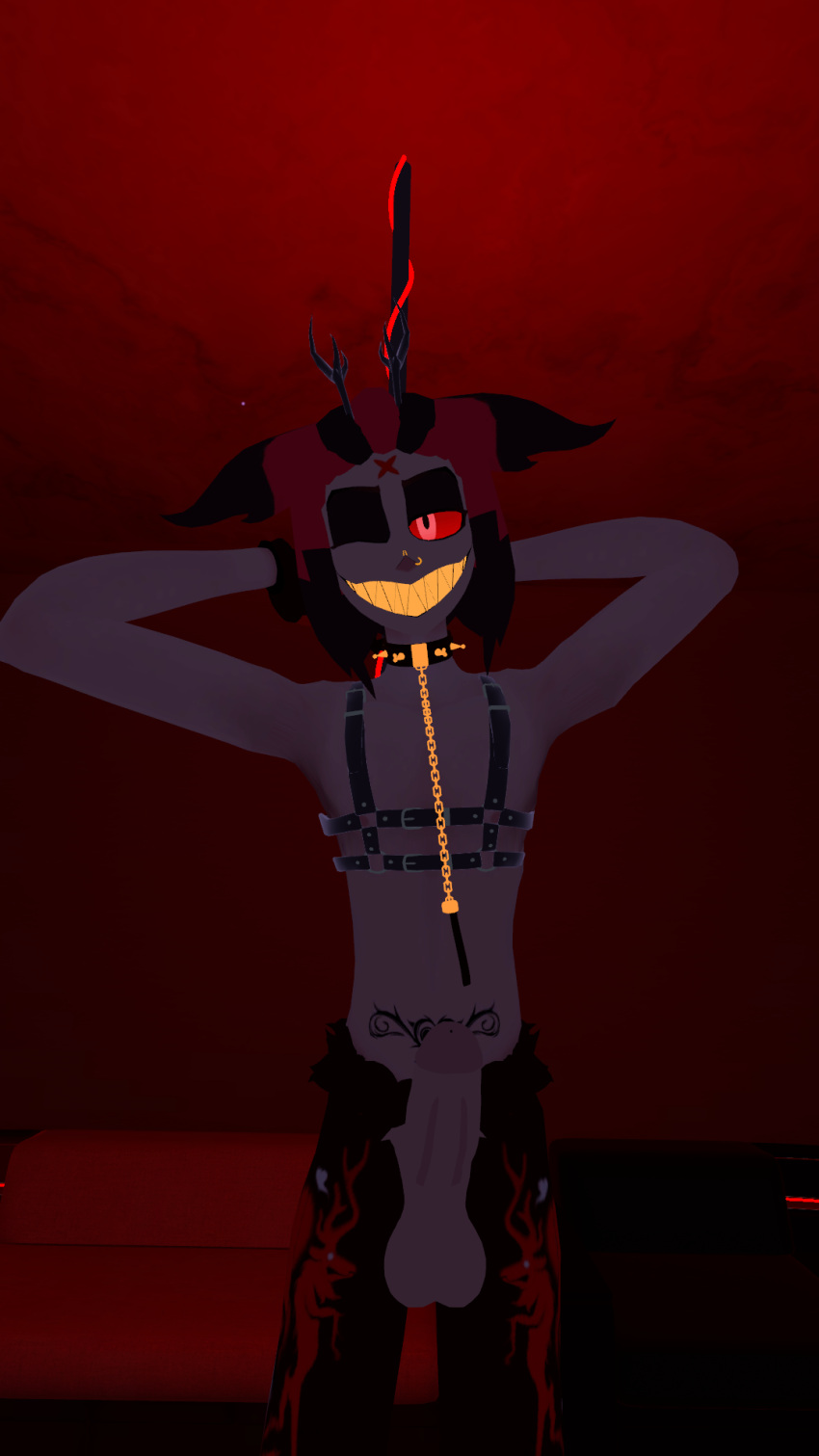 alastor_(hazbin_hotel) cock_out collar harness holding_pole leash looking_at_viewer ready_to_fuck shirtless vrchat vrchat_avatar winking_at_viewer