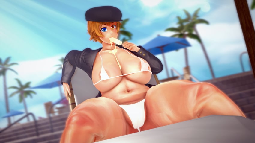 3d 3d_(artwork) bbw beach_chair bikini eating erina_hasegawa hat ice_cream koikatsu melting melting_popsicle original original_character popsicle sitting solas_(artist) solo solo_female thick_thighs