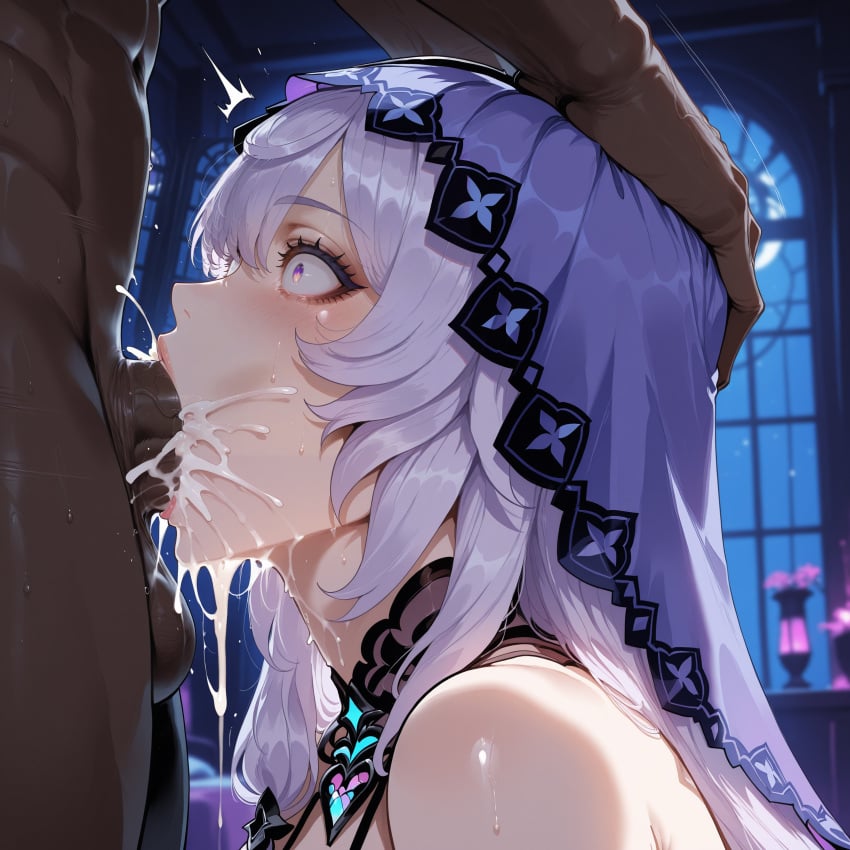 1boy 1girls ^^^ ai_generated balls bangs bare_shoulders black_swan_(honkai:_star_rail) blush breasts clothed_female clothed_female_nude_male clothing cum cum_in_mouth cum_overflow curvaceous curvaceous_female curvaceous_figure curvy curvy_figure dark-skinned_male dark_skin deepthroat dress ejaculation erection fellatio female female_focus flower hair_ornament hand_on_another's_head head_grab headwear heart heart-shaped_pupils honkai:_star_rail hoyoverse indoors interracial irrumatio jewelry large_breasts large_penis light-skinned_female long_hair male miyuai nipples nude oral overflow penis purple_hair saliva semen sex solo_focus straight sweat symbol-shaped_pupils testicles tongue tongue_out veil veins veiny_penis voluptuous voluptuous_female wide-eyed window