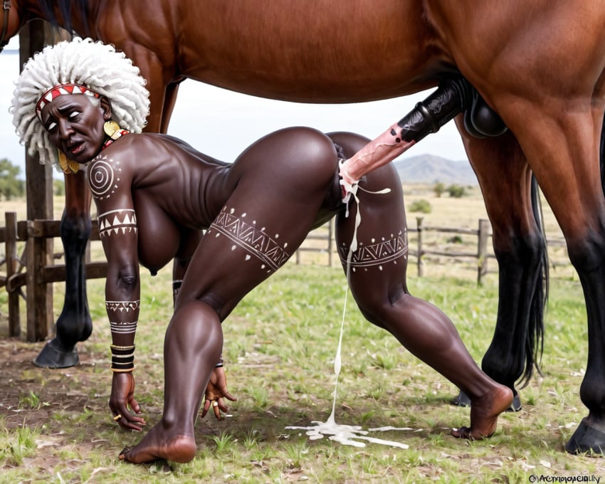 african african_female ai_generated cervix cervix_penetration cum cum_in_pussy dark-skinned_female feet feral_on_female gilf goblin_feet horse horsecock old old_woman tribal x-ray zoophilia