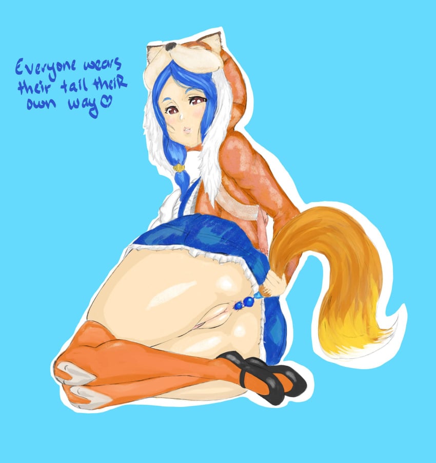 1girls alternate_costume amaterasu_(smite) anal anal_insertion anus big_ass blue_hair dialogue foxy_amaterasu goddess hi-rez_studios light-skinned_female light_skin looking_at_viewer looking_back mask merrygoround mythology pussy sex_toy smite solo thick_thighs