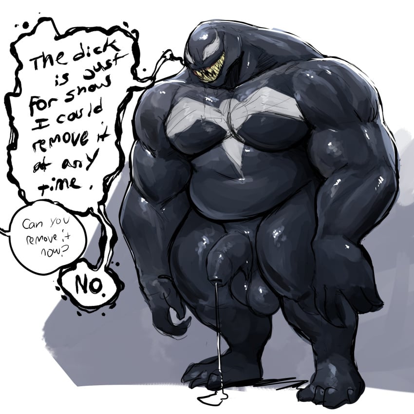 azathura balls big_pecs bodily_fluids chubby chubby_male dad_bod dialogue digital_drawing_(artwork) digital_media_(artwork) fat fat_man flaccid genital_fluids genitals hi_res male male_only marvel marvel_comics muscular muscular_male penis precum pussy speech_bubble standing venom venom_(marvel)