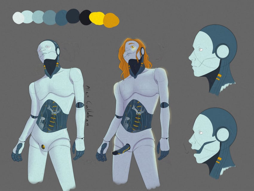 android ball_joints blue_skin bot character_sheet cyborg electronics feminine_male ginger_hair glowing_eyes glowing_genitalia glowing_penis nudity robot robot_humanoid solo_male tubes