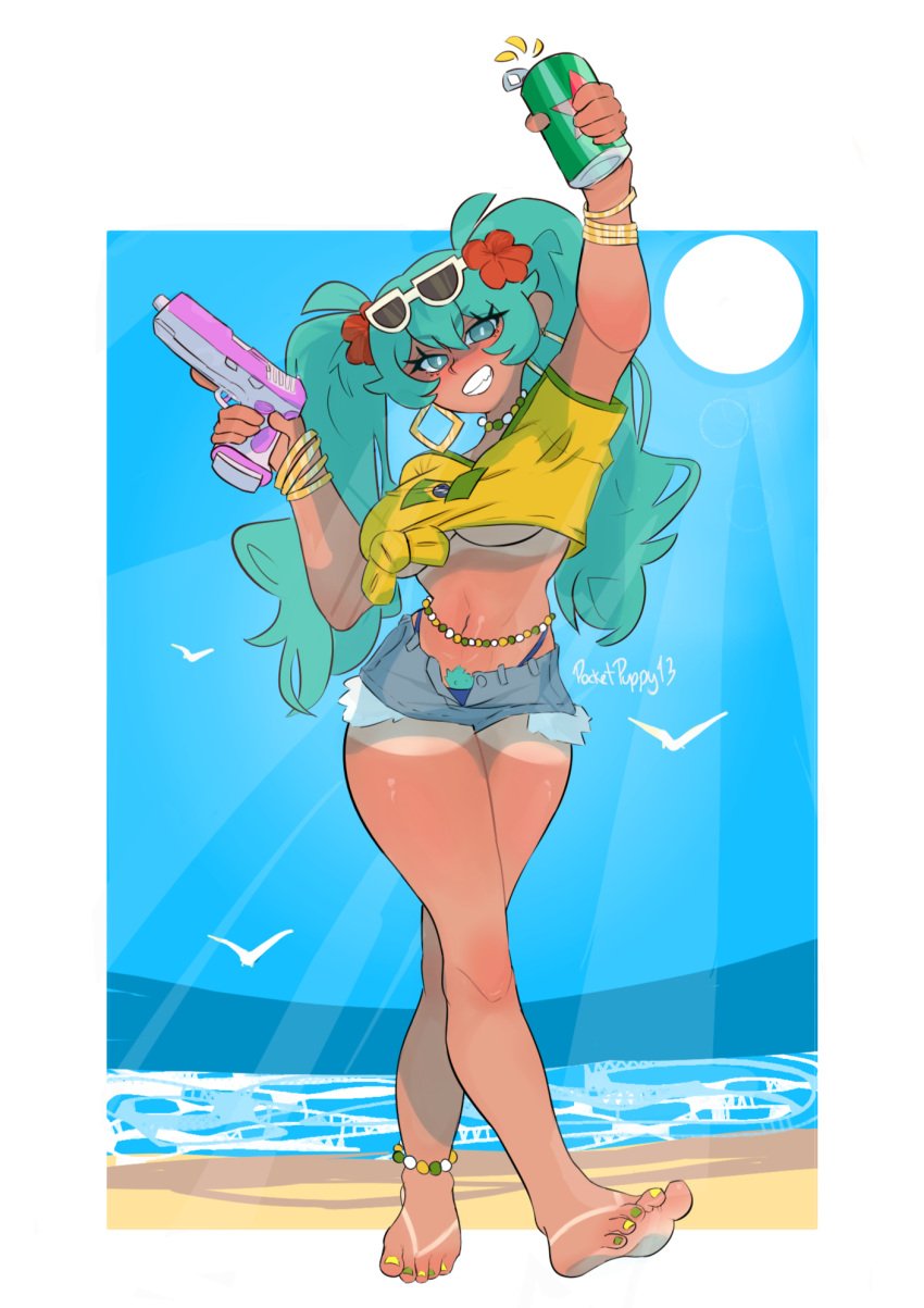 beach beads beer blue_eyes blue_hair brazilian_female brazilian_miku dark_skin feet gun hatsune_miku pocketpuppy13 smiling sunglasses_on_head toenail_polish toes vocaloid waist_beads