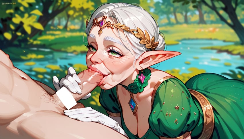 ai_generated big_penis blowjob elderly_female elf elf_ears elf_female fat_man gilf gloves grandmother granny green_dress green_eyes penis penis_in_mouth queen white_gloves wrinkles