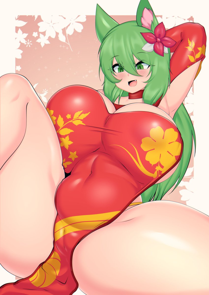 1girls asian_clothing big_ass big_breasts blush cameltoe chinese_clothes commission fangs female flower_in_hair fox_ears fox_girl green_eyes green_hair huge_ass huge_breasts kimura_kyoko large_ass large_breasts long_hair navel_outline oc qipao red_dress solo voluptuous