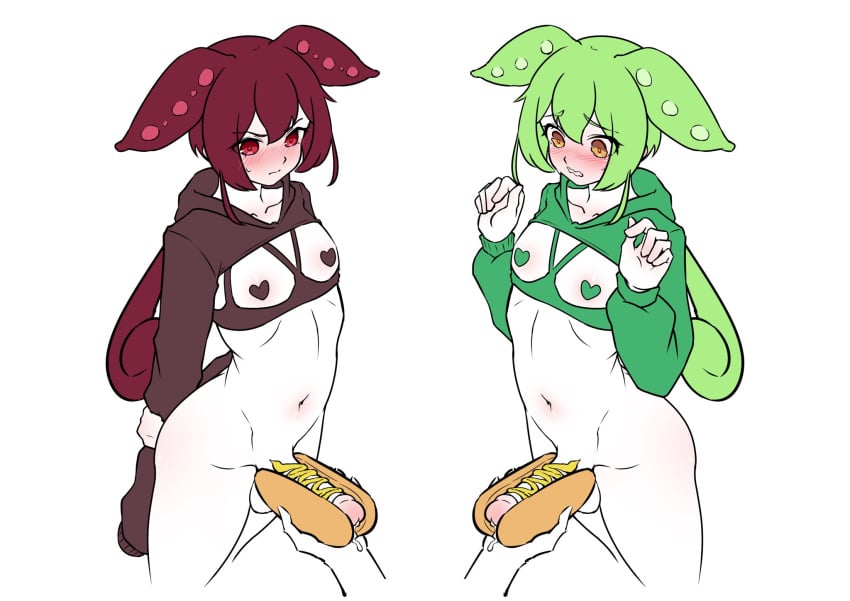 2boys ankomon arms_behind_back blush bottomless brown_hoodie closed_mouth clothing_cutout cowboy_shot cum eyebrows_hidden_by_hair food_on_body food_on_penis genderswap_(ftm) green_hair green_hoodie hair_between_eyes hands_up heart_pasties highres hood hoodie hot_dog hot_dog_bun long_hair long_sleeves male_focus multiple_boys navel nude open_mouth otoko_no_ko partially_colored pasties penis red_eyes red_hair rule_63 shriohalfarm sidelocks standing testicles uncensored v-shaped_eyebrows voicevox white_background yellow_eyes zundamon