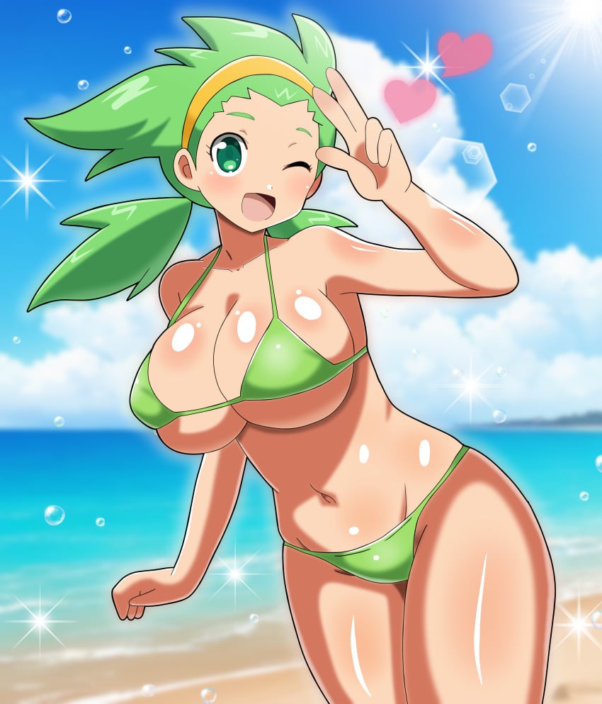 1girls arm_up beach bikini female green_bikini green_eyes green_hair hairband heart inazuma_eleven inazuma_eleven_go inazuma_eleven_go_chrono_stone long_hair one_eye_closed peace_sign seaside smile_(inazuma_eleven) smiley_(inazuma_eleven) snowpowder198 solo solo_female sparkles twintails water water_drop