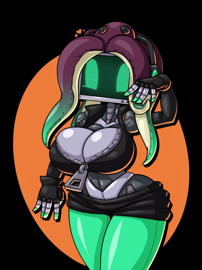 2d cleavage female humanoid large_breasts limebot limebreaker marina_(splatoon) original_character robot robot_girl robot_humanoid screen_face splatoon sweater