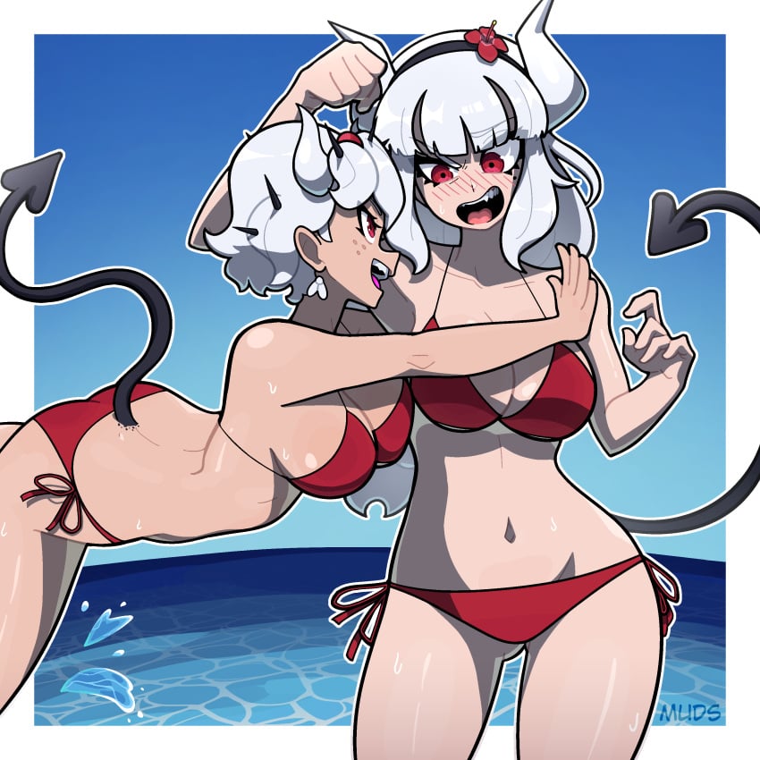 2girls absurdres beach beelzebub_(helltaker) bikini blush breasts christianity demon_girl demon_horns demon_tail earrings female_only freckles helltaker highres horns hug jewelry lucifer_(helltaker) mole mole_under_eye monster_girl muds multiple_girls mythology navel ocean public_domain religion swimsuit tail white_hair white_horns