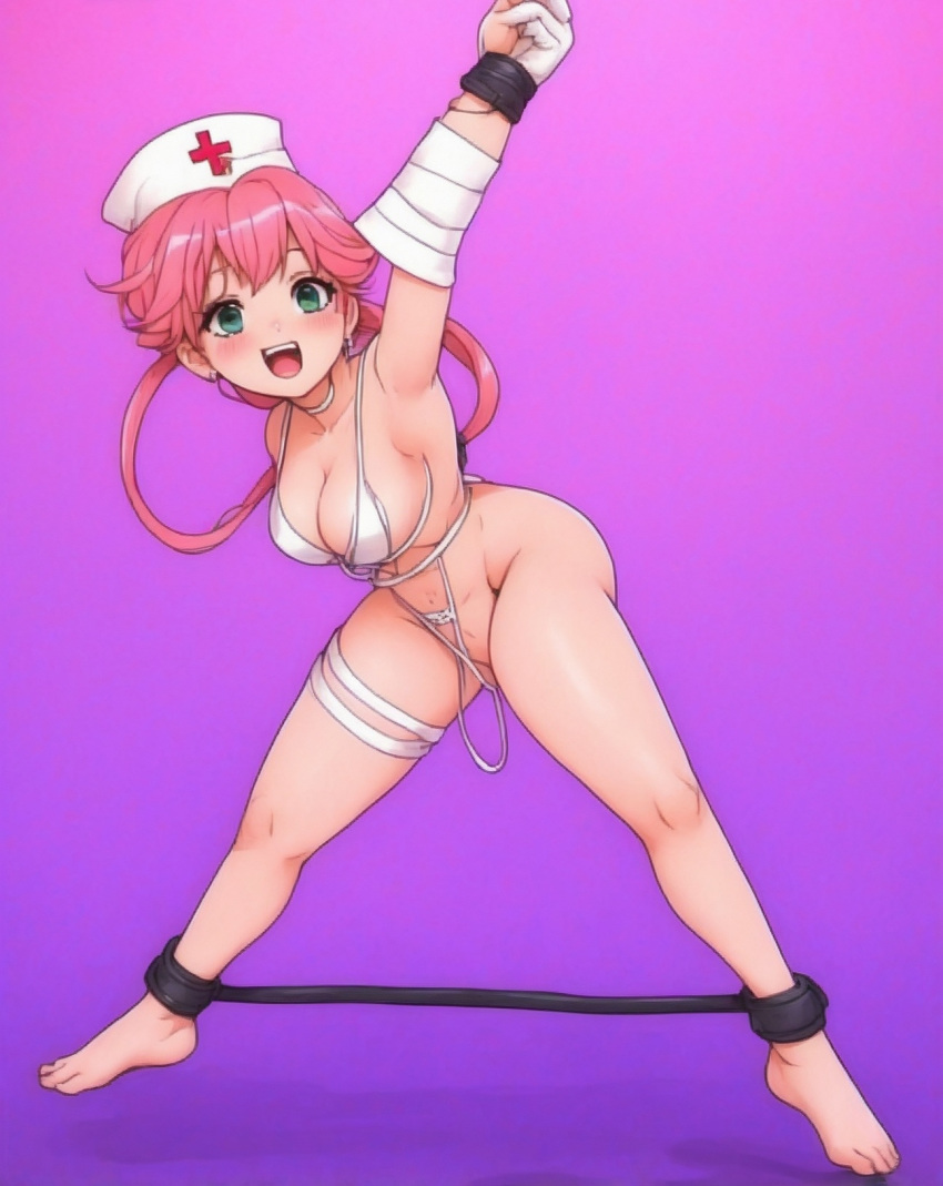 bondage game_freak nurse_joy pink_hair pokemon spread_legs