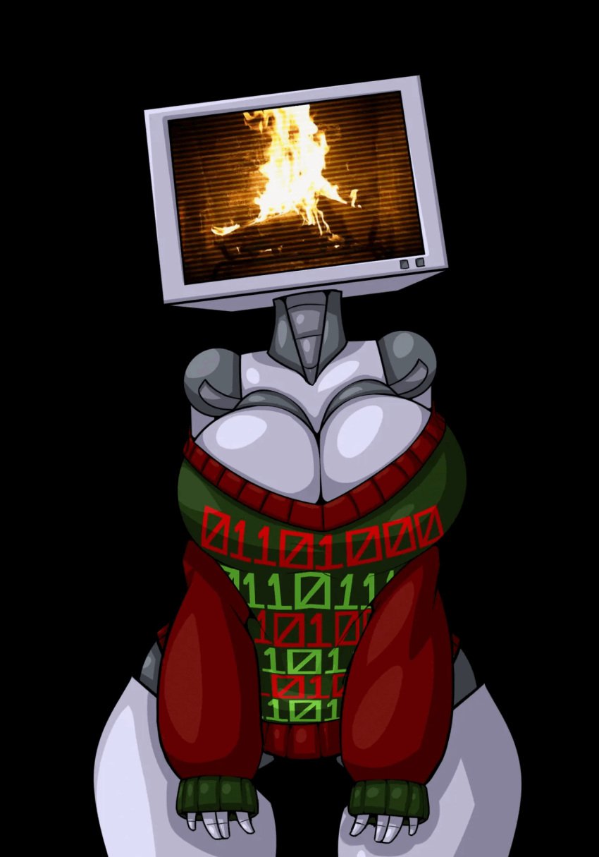 2d cleavage female fireplace humanoid large_breasts limebot limebreaker original_character robot robot_girl robot_humanoid screen_face