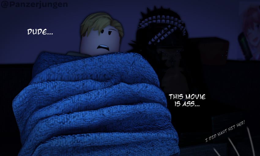 2024 2boys 3d blanket blonde_hair bored comic_panel commission couch curvy curvy_figure dark-skinned_male dark_skin english_text erich_kraus femboy frown gay girly girly_boy male male/male male_only panzerjungen roblox robloxian sitting tagme thick twitter_username voluptuous watching watching_tv