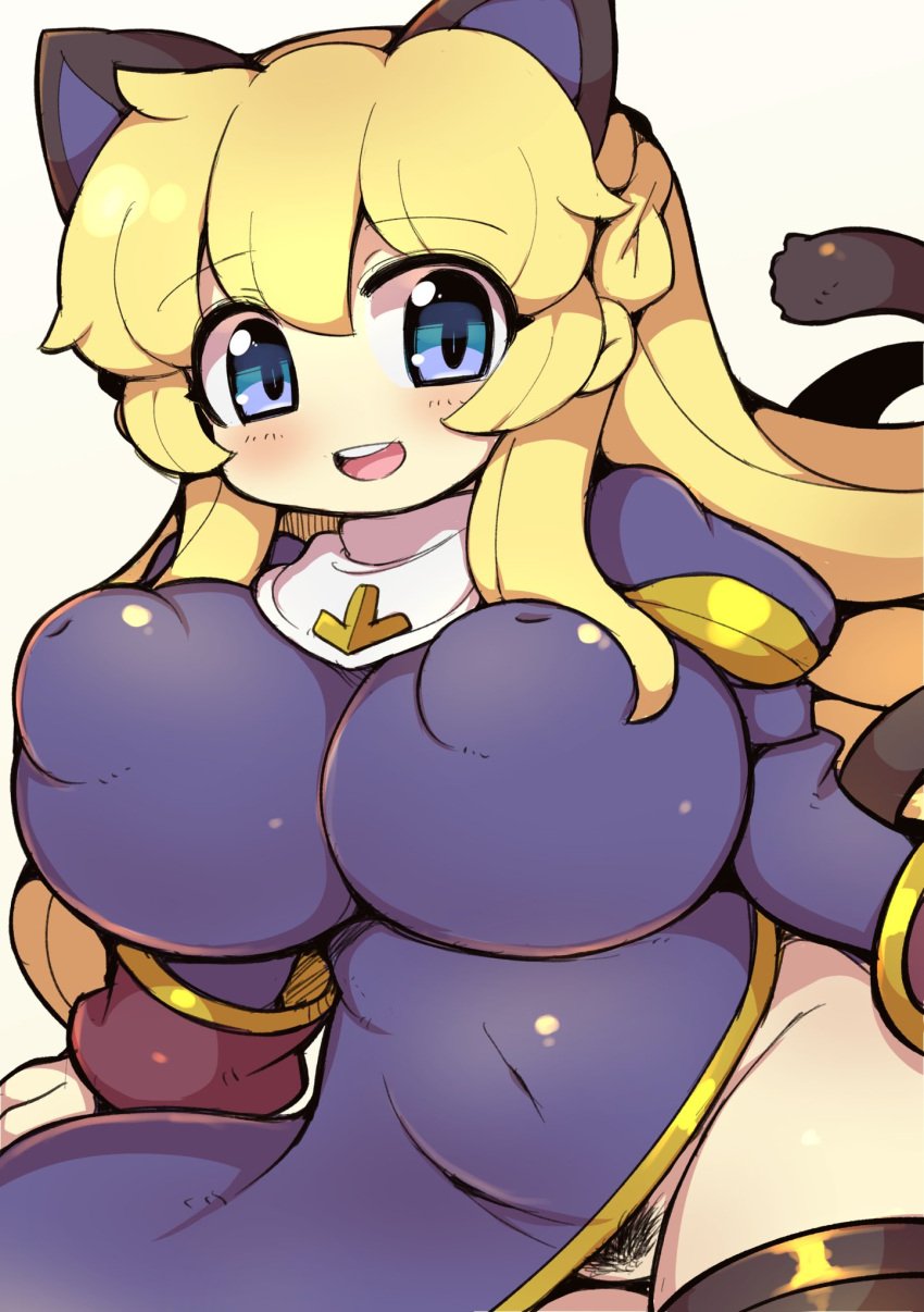 animal_ears black_pubic_hair black_thighhighs blonde_hair blue_eyes blush breasts cat_ears cat_girl cat_tail commentary_request covered_navel covered_nipples cowboy_shot curvy dress female female_pubic_hair half_up_braid highres huge_breasts juliet_sleeves long_hair long_sleeves looking_at_viewer mismatched_pubic_hair nekoyuu no_panties open_mouth priest_(ragnarok_online) pubic_hair puffy_sleeves purple_dress ragnarok_online round_teeth simple_background smile solo tail teeth thighhighs upper_teeth_only white_background