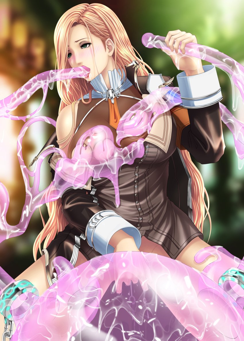 blonde_hair blush breasts clothed_sex clothing fellatio female final_fantasy final_fantasy_xiii jihl_nabaat long_hair open_mouth oral sex slime_monster tentacle tentacle_grab