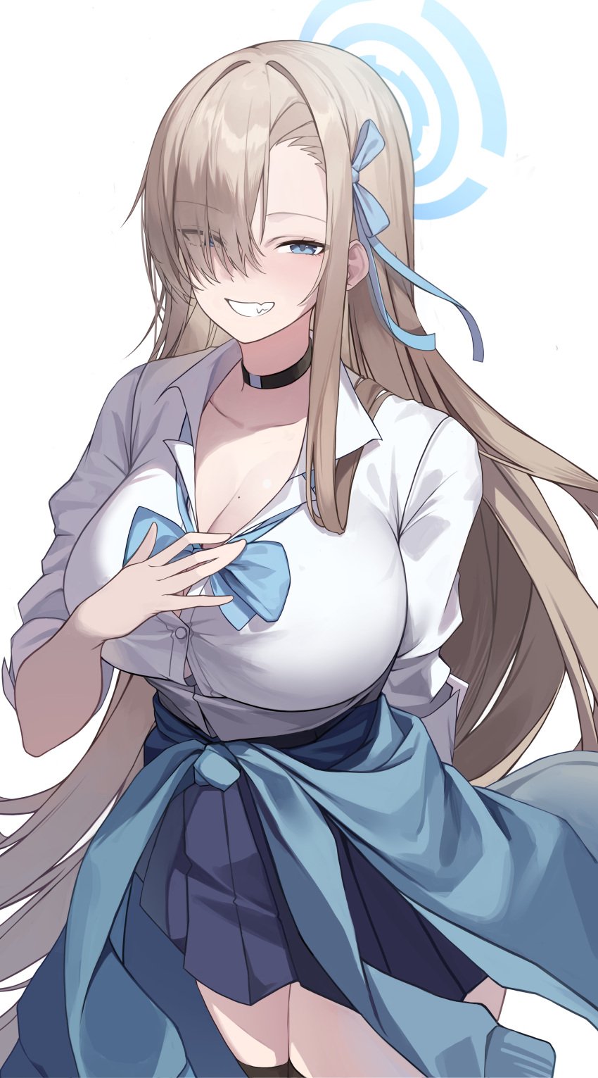 absurdres asuna_(blue_archive) blue_archive blue_eyes bow bowtie breasts cleavage clothes_around_waist female grin hair_over_one_eye halo highres jacket jacket_around_waist large_breasts light_brown_hair long_hair mole mole_on_breast oerba_yun_fang pleated_skirt school_uniform shirt shiwa_(jired1234) skin_fang skirt smile thighs white_shirt