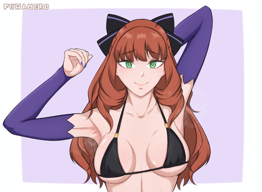 armpits bangs big_breasts black_bra blush bra breasts brown_hair fuwamero green_eyes guinevere_(mobile_legends) light_skin long_hair mobile_legends mobile_legends:_bang_bang partially_clothed solo sweating sweaty_armpits