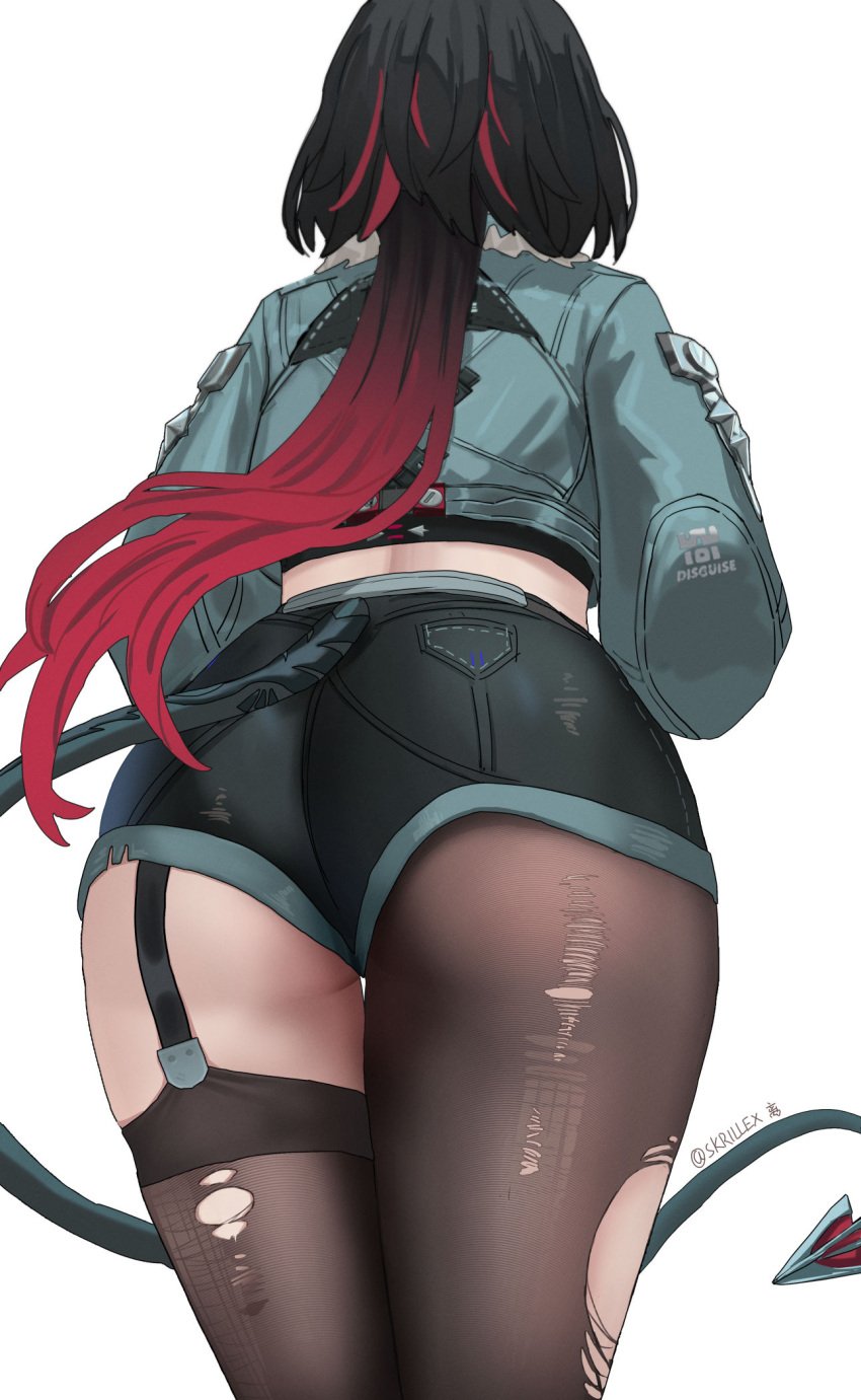 1girls animal_ears artist_name ass ass_focus bad_id bad_twitter_id black_hair black_pantyhose black_shorts black_thighhighs commentary crop_top english_commentary female from_behind from_below fur-trimmed_jacket fur_trim gradient_hair grey_jacket highres jacket jane_doe_(zenless_zone_zero) midriff mouse_ears mouse_girl mouse_tail multicolored_hair pantyhose purple_z red_hair revision short_shorts shorts simple_background single_leg_pantyhose single_thighhigh solo symbol-only_commentary tail thighhighs thighs torn_clothes torn_pantyhose torn_thighhighs white_background zenless_zone_zero