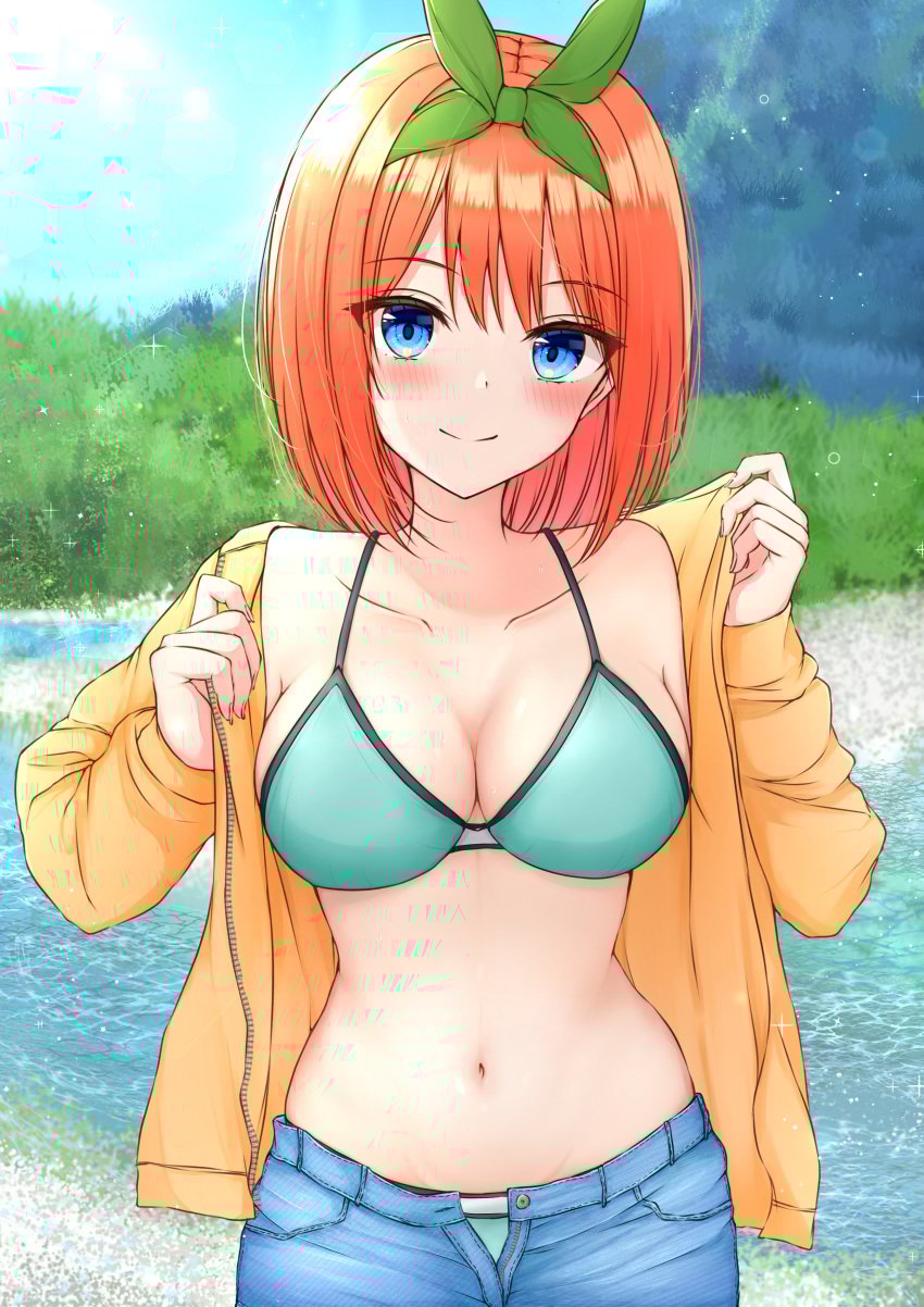 1girls bare_belly bare_chest bare_hands bare_hips bare_midriff bare_navel bare_shoulders bare_skin belly belly_button bikini bikini_top blue_eyes blue_eyes_female blue_sky blush blush_face blushing_at_viewer blushing_female blushing_lines breasts busty busty_female busty_girl busty_teen cleavage closed_mouth_smile clouds coat collarbone curvaceous curvaceous_body curvaceous_female curvaceous_figure curvaceous_hips curvaceous_teen curvy curvy_body curvy_female curvy_figure curvy_hips curvy_teen day exposed_belly exposed_chest exposed_hips exposed_midriff exposed_navel exposed_shoulders exposed_skin eyebrows_visible_through_hair female female_focus female_only fingernails fingers go-toubun_no_hanayome green_hair_ribbon green_hairband green_ribbons hair_ribbon hairband halterneck high_resolution high_school_student highres hourglass_figure jacket jeans lean_figure looking_at_viewer medium_breasts medium_hair midriff nakano_yotsuba narrow_waist navel open_coat open_jacket orange_eyebrows orange_hair orange_hair_female outdoor outdoors outside ribbon school_girl shoulders sky slender_body slender_waist slim_waist smile smiley_face smiling smiling_at_viewer smirk solo standing string_bikini swimsuit swimwear teen_girl teenage_girl teenage_tits teenager upper_body wide_hips yellow_coat yellow_jacket young_female young_woman yukiunag1