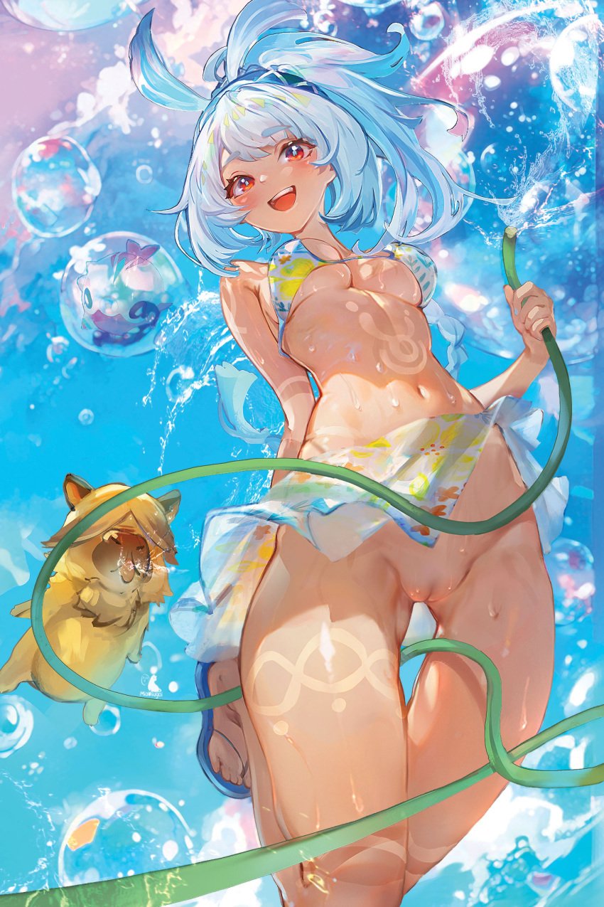 bikini bikini_top_only blue_hair blue_sky blush body_markings braid breasts bubble capybara commentary_request dark-skinned_female dark_skin day female genshin_impact hairband highres hose light_blue_hair long_hair looking_at_viewer low_twin_braids medium_breasts miaosu mualani_(genshin_impact) navel no_panties open_mouth ponytail pussy red_eyes sidelocks sky smile solo stomach swimsuit thighs twin_braids uncensored water white_hair