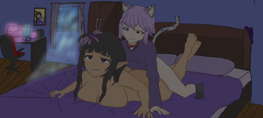 cat_ears elf_ears heterochromia lilac_hair livestream night_sky ochita size_difference wedding_ring