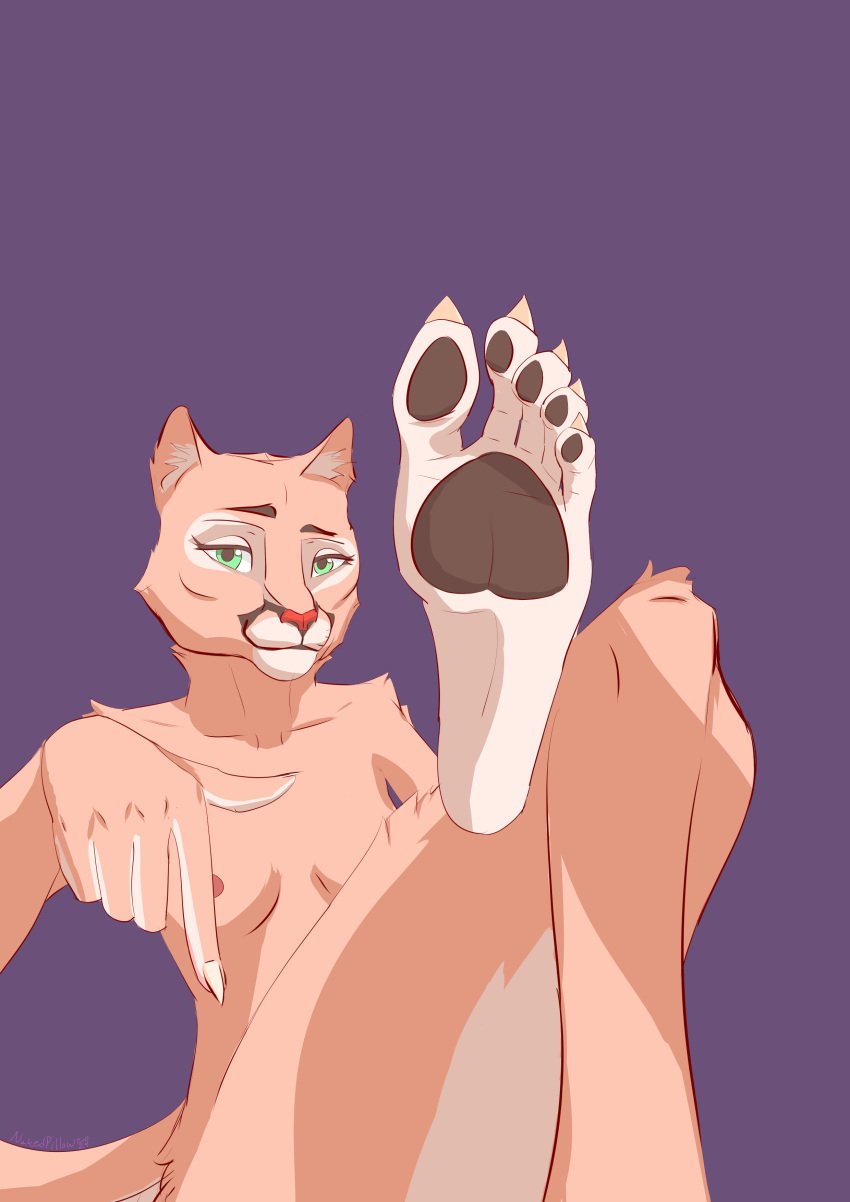 5_toes absurd_res anthro cheek_tuft claws command_to_sit convenient_censorship cougar facial_tuft feet felid feline female fur gesture green_eyes hand_gesture hi_res humanoid_feet khajiit m'ikhan mammal microsoft nakedpillow nude pawpads plantigrade pointing pointing_down solo tan_body tan_fur the_elder_scrolls toe_claws toes tuft