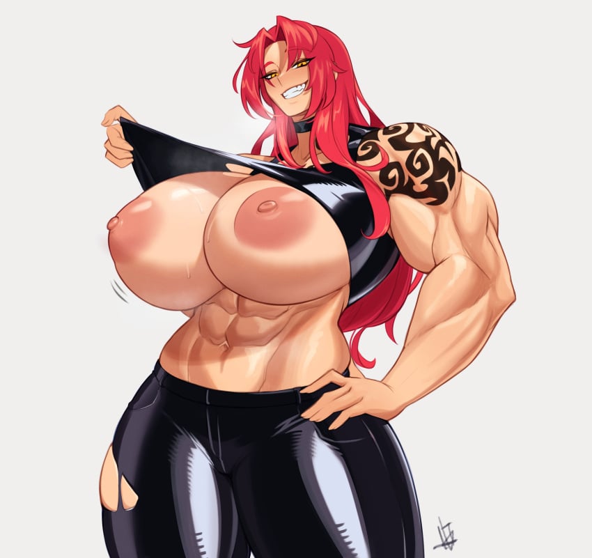 1girls areolae huge_breasts lifting_shirt muscular nipples okasbasement original original_character red_hair ripped_pants tagme tattoo