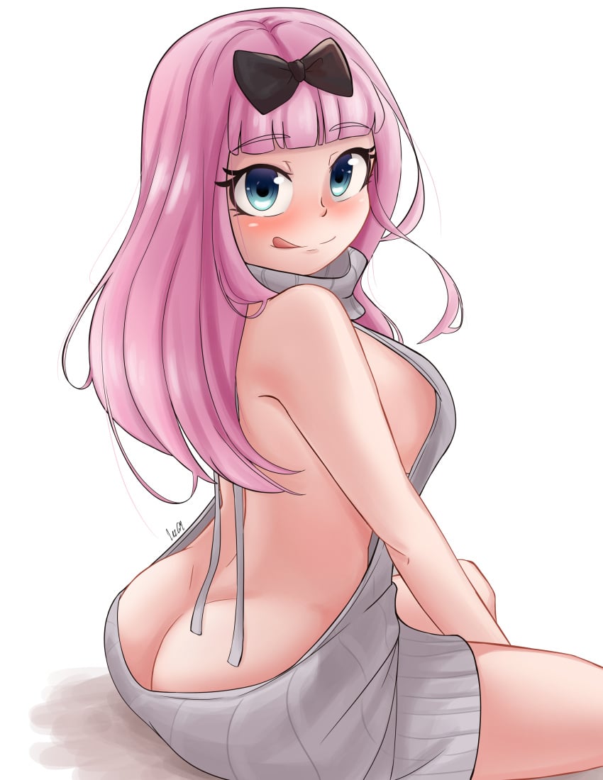 :p absurdres ass bare_shoulders blue_eyes blunt_bangs blush bow breasts butt_crack closed_mouth dimples_of_venus female fujiwara_chika hairbow highres kaguya-sama_wa_kokurasetai_~tensai-tachi_no_renai_zunousen~ large_breasts laz_gm long_hair looking_at_viewer meme_attire naked_sweater naughty_face pink_hair simple_background sitting smile solo sweater tongue tongue_out virgin_killer_sweater white_background