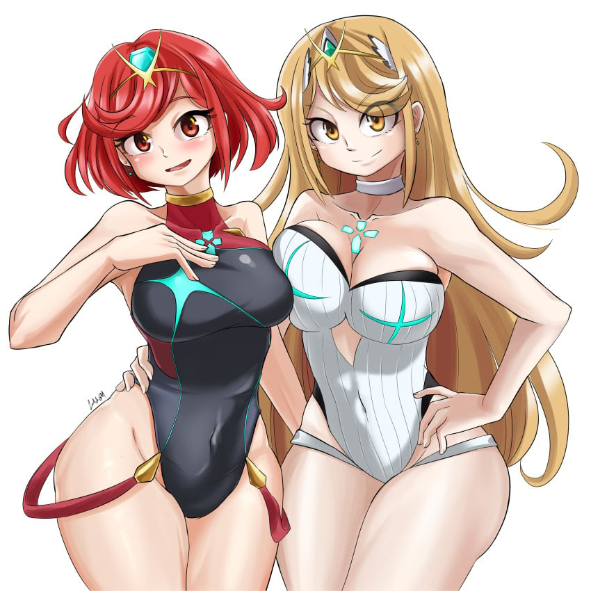 1boy 2girls absurdres bare_arms bare_shoulders black_one-piece_swimsuit blonde_hair blush breasts choker cleavage closed_mouth collarbone competition_swimsuit core_crystal covered_navel cowboy_shot dual_persona earrings eyes_visible_through_hair female_focus hand_on_another's_hip highleg highleg_one-piece_swimsuit highres jewelry large_breasts laz_gm long_hair matching_hair/eyes multiple_girls mythra one-piece_swimsuit open_mouth pyra red_eyes red_hair short_hair simple_background smile swimsuit tiara white_background white_choker white_one-piece_swimsuit xenoblade_(series) xenoblade_chronicles_(series) xenoblade_chronicles_2 yellow_eyes