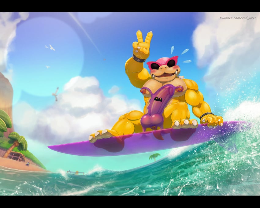 1boy abs absurd_res anus balls beach genitals gesture hand_gesture hi_res koopaling living_condom living_sex_toy looking_at_viewer male mario_(series) muscular muscular_male nintendo nipples one_eye_closed pecs penis rad-lizer roy_koopa surfing v_sign wink winking_at_viewer wubba