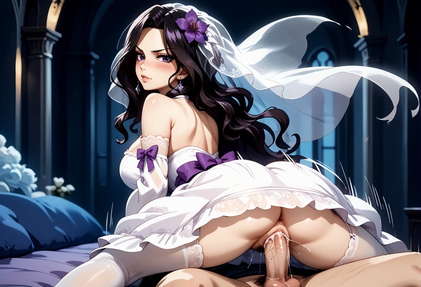 ai_generated ass bridal_gown bridal_veil cana_alberona cowgirl_position cum_in_pussy dim_lighting fairy_tail hair_flower payop pony_diffusion_xl spread_legs stockings vaginal_penetration vaginal_sex wedding_dress