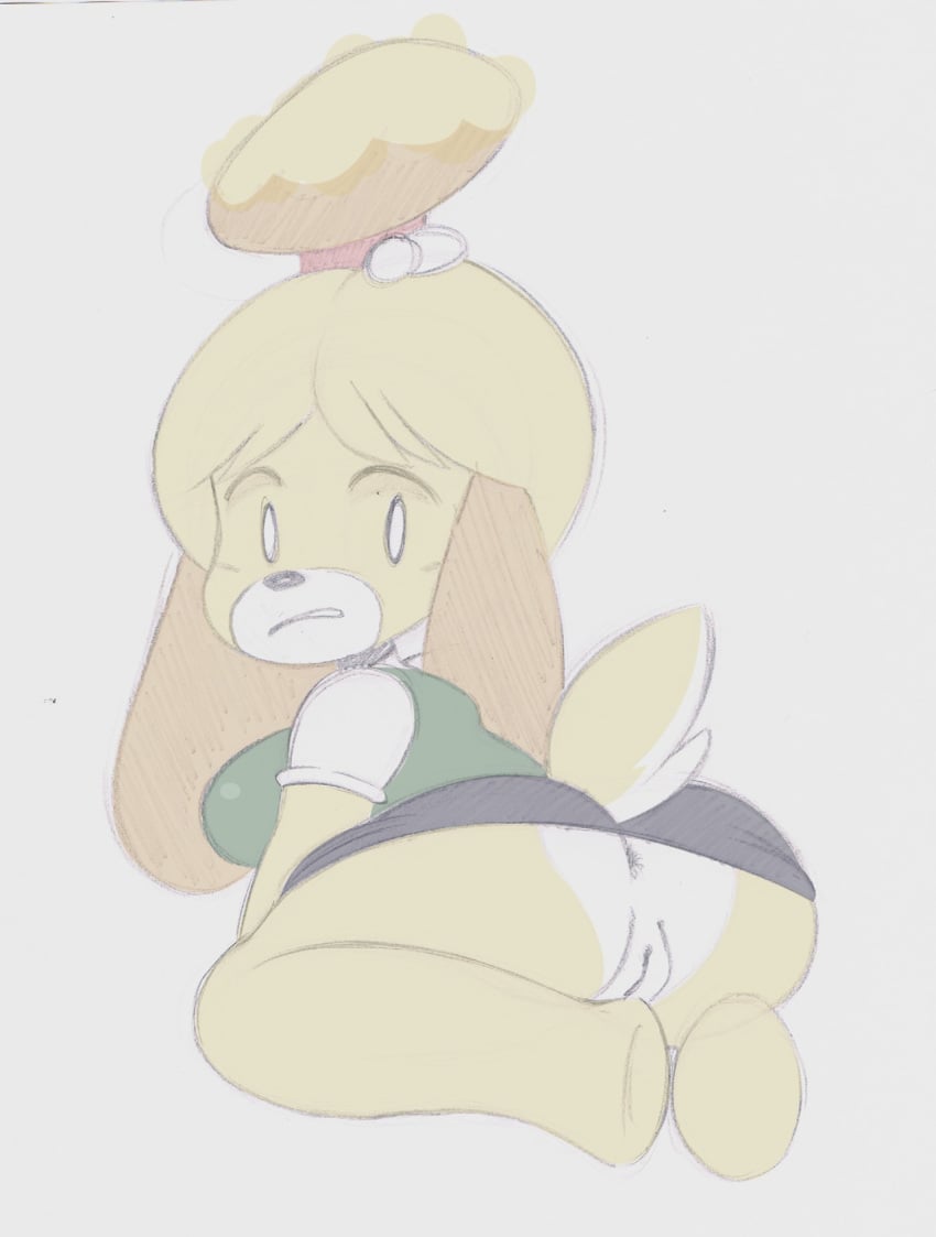 2d animal_crossing anthro anus ass canine dog female female_only fur isabelle_(animal_crossing) looking_at_viewer looking_back mammal nintendo office_lady pussy robbonp solo video_games