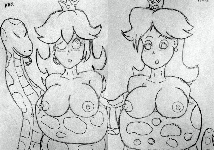 bestiality bound breasts cobrat coiling crown female feral feral_on_female greyscale hair human interspecies long_hair mario_(series) monochrome multiple_females nintendo nipples nude open_eyes open_mouth princess_daisy princess_peach sketch snake straight_hair unknown_gender wink