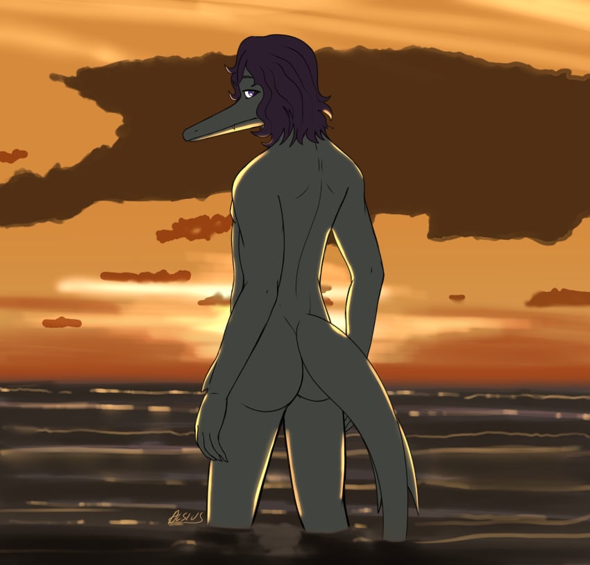 1boy 2024 alsius_arcticus anthro arm_fins artist_name ass ass blue_body blue_eyes blue_hair blue_scales bubble_ass bubble_butt completely_naked completely_naked_male completely_nude completely_nude_male detailed_background digital_drawing_(artwork) digital_media_(artwork) dinosaur fin goodbye_volcano_high hair hi_res leo_(gvh) liopleurodon long_snout long_tail looking_at_viewer looking_back looking_back_at_viewer male male_focus male_only marine naked nude outside partially_submerged plesiosaur pliosaur reptile round_ass round_butt scales scalie sea signature snout solo tail water