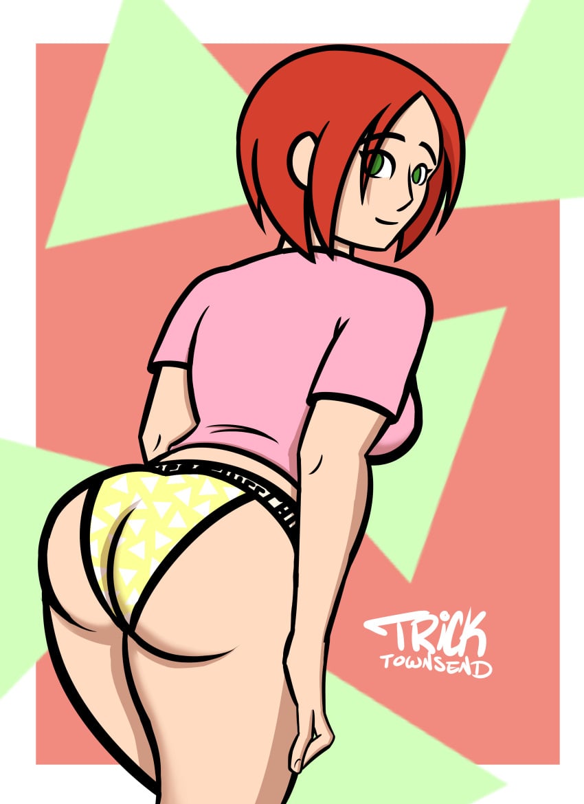 ass ass_focus bending_forward bending_over bubble_butt butt_crack buttcheeks green_eyes pale_skin panties red_hair red_hair thighs tricktownsend(artist) tshirt underwear yellow_panties