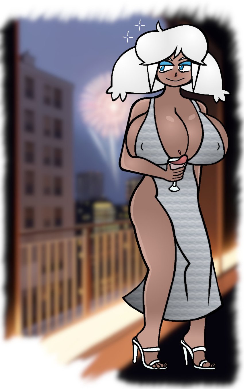 /ctt/ console-tan dark-skinned_female dark_skin dress drunk eyeliner gijinka high_heels huge_breasts humanization humanized nipples_visible_through_clothing playstation_5 ps5-tan silver_dress smile smiling smiling_at_viewer sony_interactive_entertainment twintails white_hair wine_glass