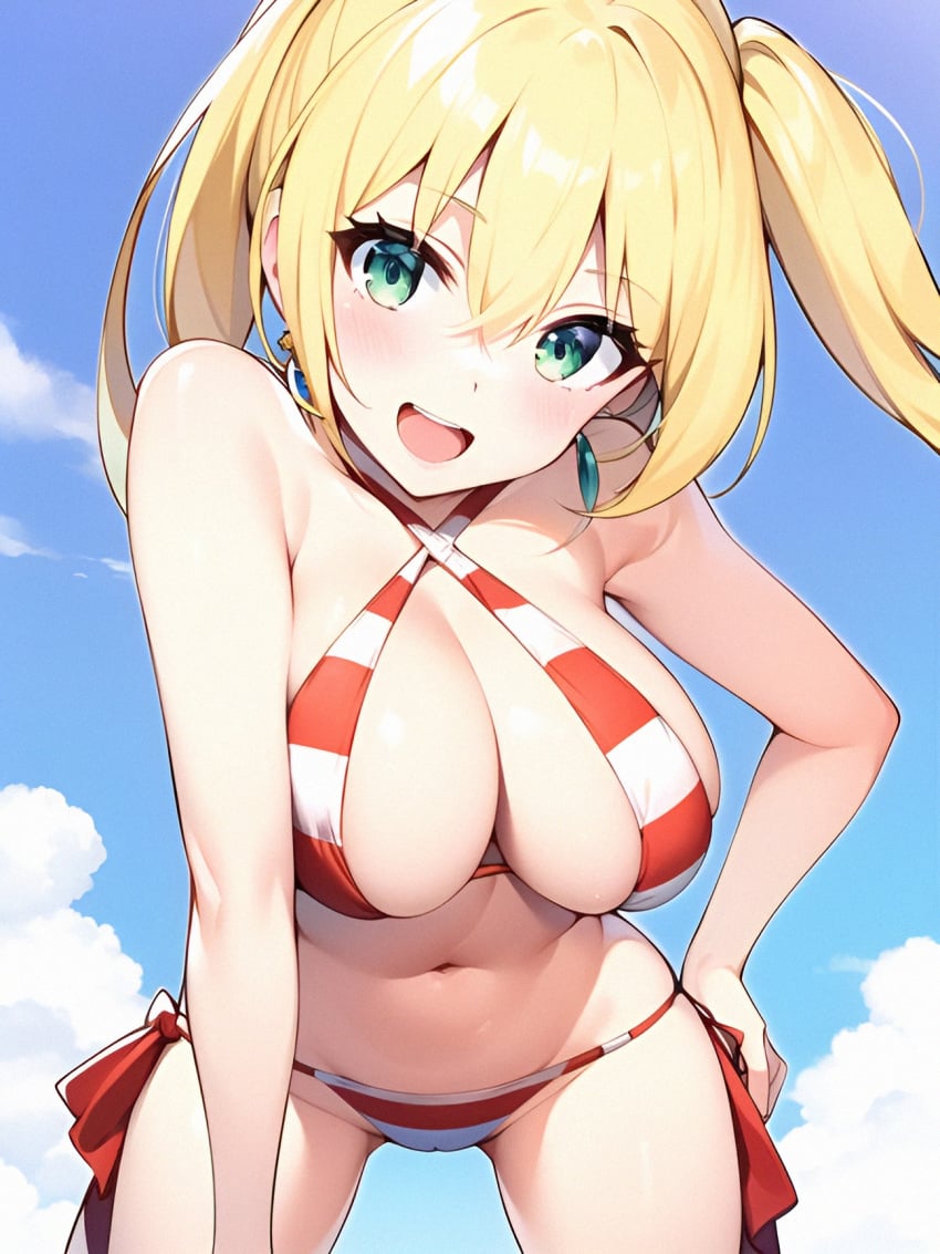 ai_generated belly belly_button big_breasts blonde_hair cleavage fate/grand_order fate_(series) green_eyes large_breasts leaning_forward looking_at_viewer nero_claudius_(fate) smile smiling swimsuit