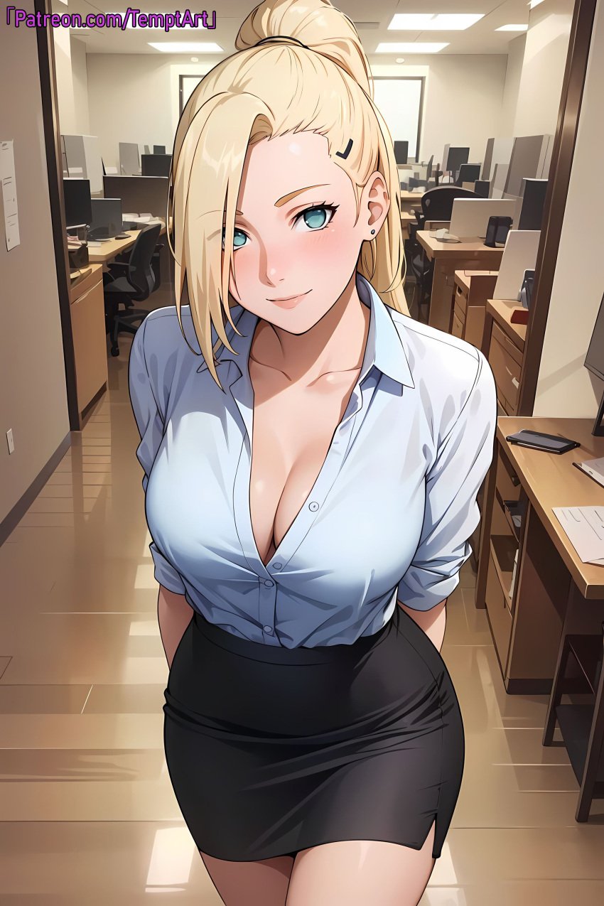 1girls ai_generated bare_chest bare_thighs big_breasts blonde_hair blue_eyes boruto:_naruto_next_generations breasts cleavage female female_focus formal formal_clothes formal_wear hair_over_one_eye huge_breasts indoors ino_yamanaka large_breasts light-skinned_female light_skin long_hair mature mature_female milf nai_diffusion naruto naruto_(series) naruto_shippuden office office_lady patreon_username revealing_clothes shirt skimpy skimpy_clothes skirt smile solo stable_diffusion temptart thick_thighs thighs unbuttoned unbuttoned_shirt url very_long_hair voluptuous watermark web_address