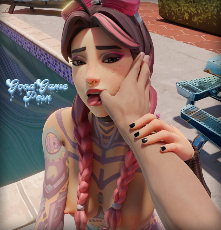 beach_jules blush blushing breasts choker completely_nude completely_nude_female cowlick female fortnite goggles goggles_on_head goodgameporn1 holding_arm jules_(fortnite) looking_at_partner multicolored_hair nose_ring nude nude_female opening_mouth pool poolside tattoo tattoos thumb_in_mouth