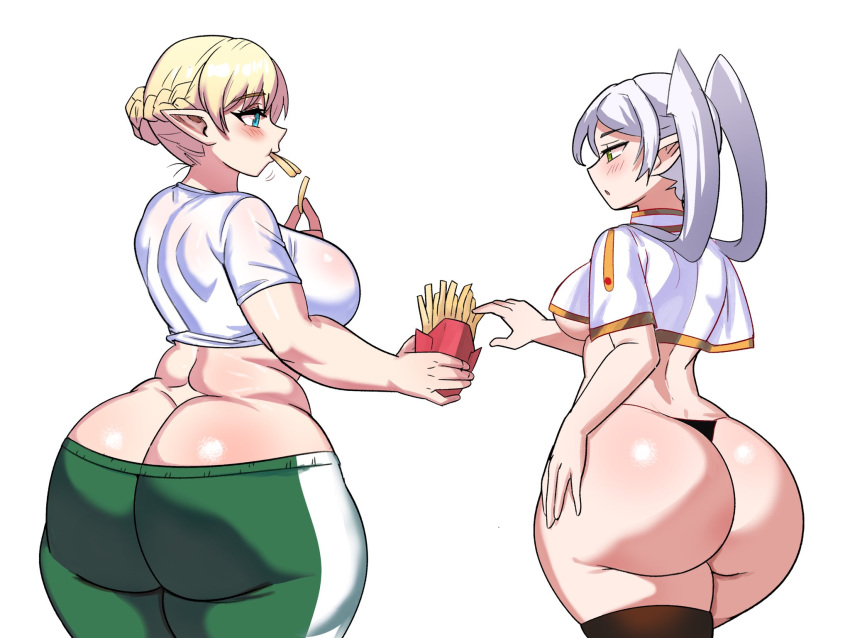 2girls ass ass_cleavage blonde_hair breasts bubble_butt butt_crack crossover elf elf-san_wa_yaserarenai elf_ears elf_female elfuda female female_only frieren green_eyes huge_ass large_ass light_skinned_female long_ears long_hair multiple_girls pointy_ears short_hair sousou_no_frieren twintails white_hair ytrall