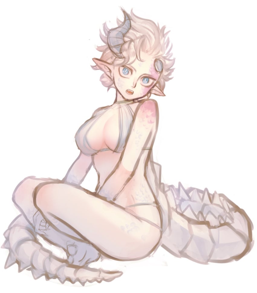 annouu_ronpa belaf bikini blue_eyes burn_scar dragon_girl dragon_horns dragon_tail facial_scar female female_only full_body genderswap_(mtf) horns looking_at_viewer made_in_abyss messy_hair pale-skinned_female pale_skin pointy_ears rule_63 scales scar short_hair sitting slit_pupils solo white_bikini white_hair