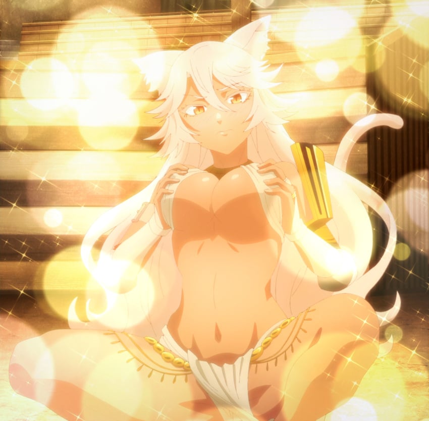 alluring belly belly_button big_breasts breasts breasts cat_ears cat_tail closed_mouth covered_nipples covered_pussy dark-skinned_female dark_skin ear granat_needakitta hair hands_on_breasts inviting_to_fuck inviting_to_sex kekkon_yubiwa_monogatari long_hair looking_at_viewer nipples_visible_through_clothing screencap screenshot shiny_skin spread_legs stitched tail very_long_hair voluptuous voluptuous_female white_eyebrows white_eyelashes white_hair yellow_eyes