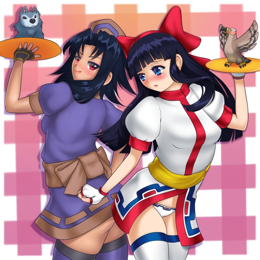 2girls ainu_clothes artist_name ass backboob big_ass bird black_hair blue_eyes blue_hair breasts female female_only hair_ribbon half-closed_eyes hand_on_hip highres legs long_hair looking_at_viewer looking_back makeup mamahaha medium_breasts multiple_girls nakoruru no_panties otocai panties parted_lips pink_lips pose posing red_eyes rera ribbon samurai_shodown seductive_gaze seductive_smile sensual shikuru small_breasts smile snk thick_thighs thighhighs thighs underwear waitress wolf