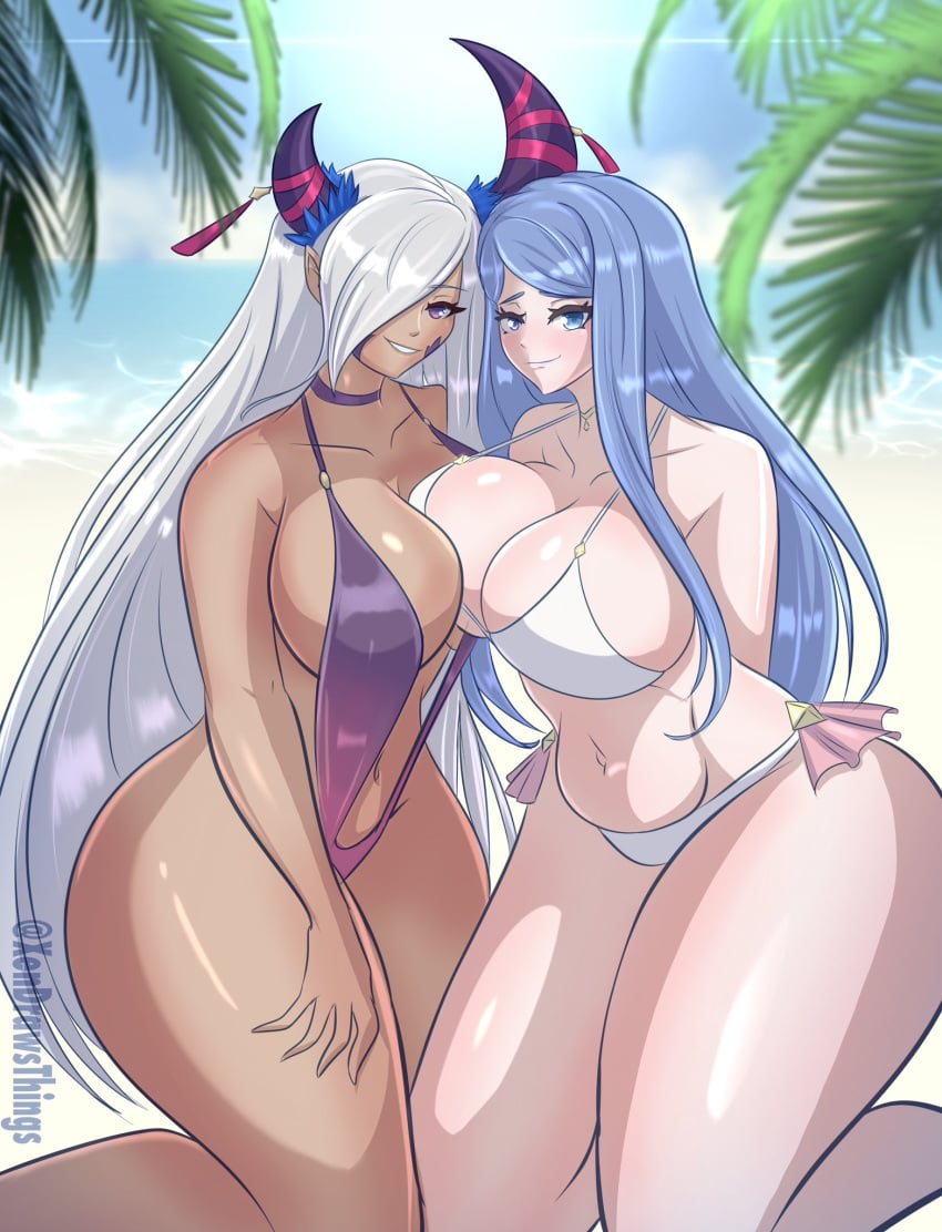 2girls alternate_costume asymmetrical_docking beach bikini blue_eyes blue_hair breast_press breasts female female_only fire_emblem fire_emblem_engage horns large_breasts lumera_(fire_emblem) nintendo one-piece_swimsuit purple_eyes purple_one-piece_swimsuit purple_swimsuit white_bikini white_hair white_swimsuit xendrawsseggs xendrawsthings zephia_(fire_emblem)