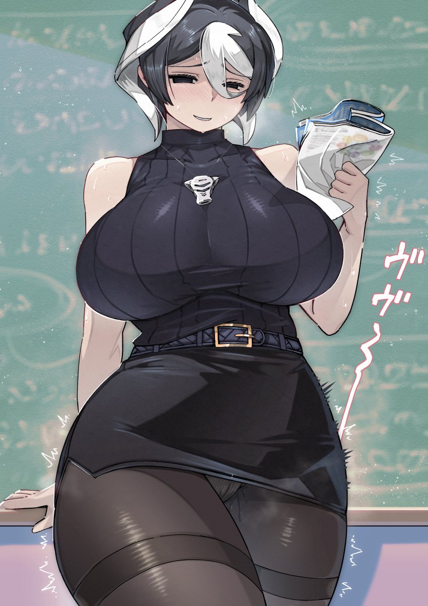 alternate_costume big_breasts black_and_white_hair black_eyes blackboard blush breath classroom curvy female female_only fully_clothed hair_between_eyes half-closed_eyes hi_res hourglass_figure huge_breasts kingofbandit156 made_in_abyss mature mature_female miniskirt necklace nervous nervous_smile ozen pale-skinned_female pale_skin pantyhose pencil_skirt pussy_juice reading ribbed_sweater shaded_face short_hair sleeveless smile solo sweat sweater teacher textless_version thighband_pantyhose turtleneck twitching two_tone_hair upskirt vibrator wet_pussy whistle_around_neck wide_hips