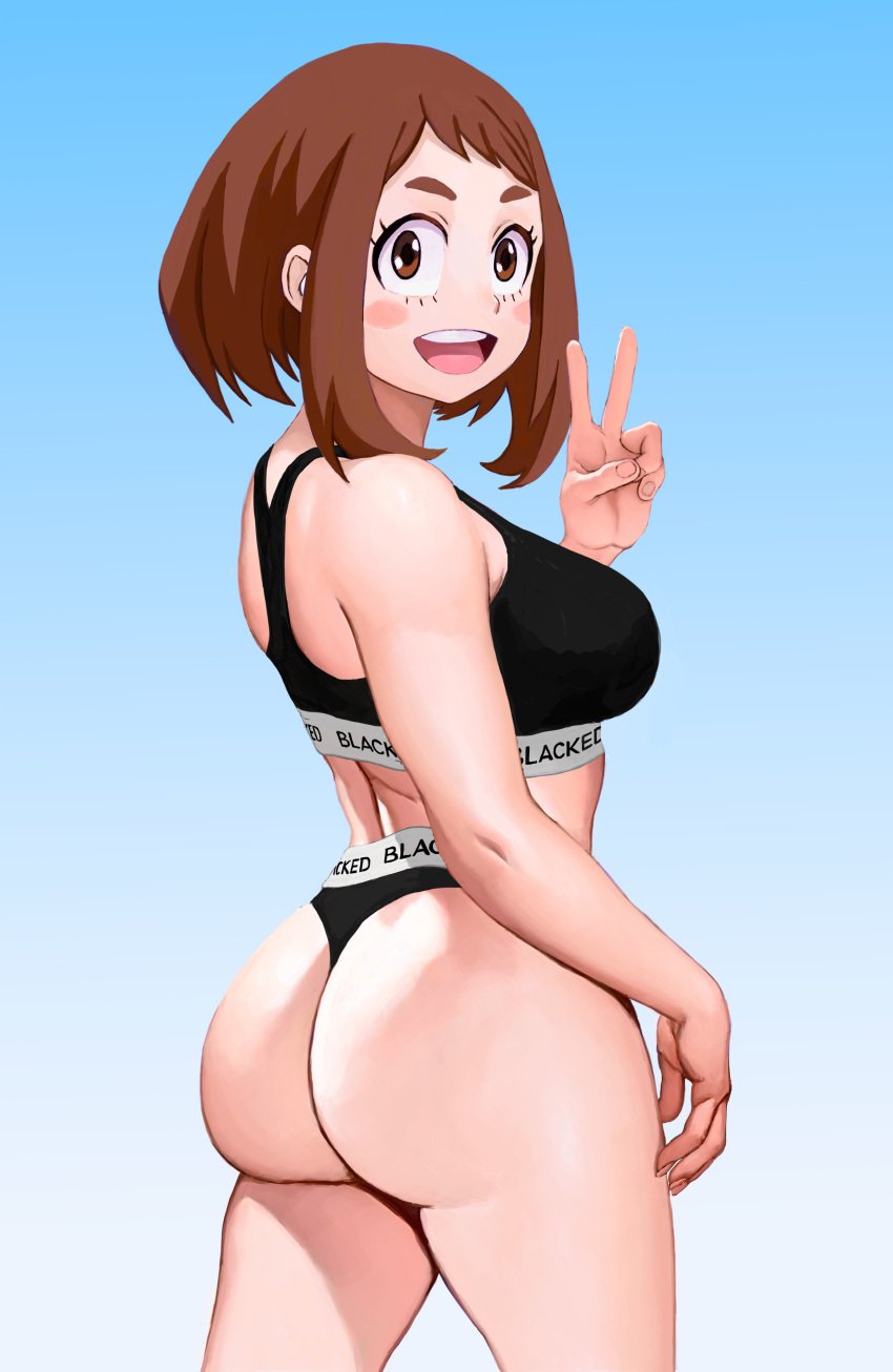 1girls big_ass blacked blacked_clothing huge_ass light-skinned_female my_hero_academia ochako_uraraka peace_sign solo wazu-san