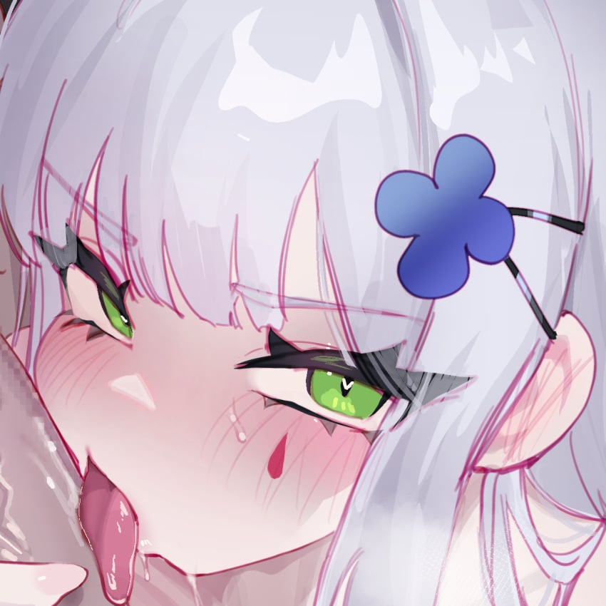 blush eonsang fellatio female girls'_frontline green_eyes hair_ornament hairclip highres hk416_(girls'_frontline) looking_at_viewer oral penis tongue tongue_out white_hair