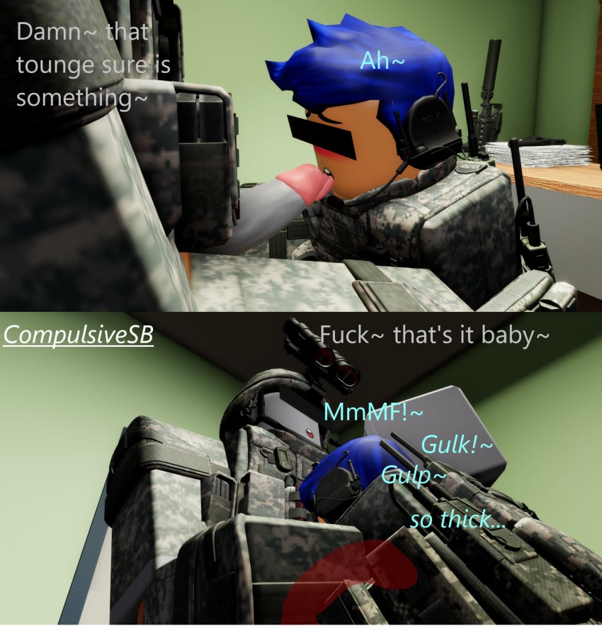 2boys 2males 3d artist_name blush blushing_male compulsivesb deepthroat dialogue gay hand_behind_head holding_penis kneeling licking licking_penis male male_only military military_clothing military_helmet military_uniform on_knee on_knees roblox roblox_avatar robloxian self_upload tagme talking x-ray