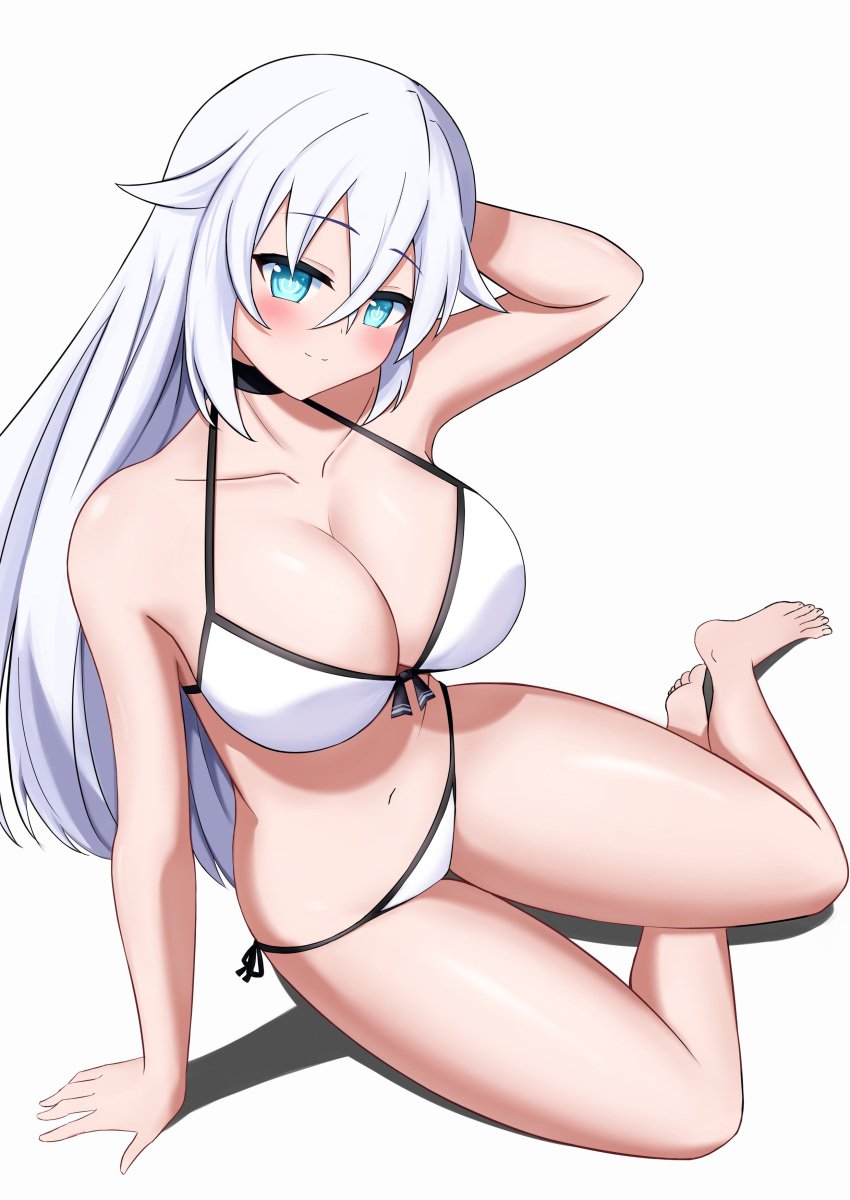 1girls arm_behind_head arm_support armpit_peek barefoot big_breasts bikini black_heart blue_eyes breasts busty cleavage confident feet female female_only half-closed_eyes highres large_breasts legs long_hair looking_at_viewer navel neptunia_(series) pose posing seductive seductive_look seductive_smile sensual sitting smile solo swimsuit thighs very_long_hair white_bikini white_hair