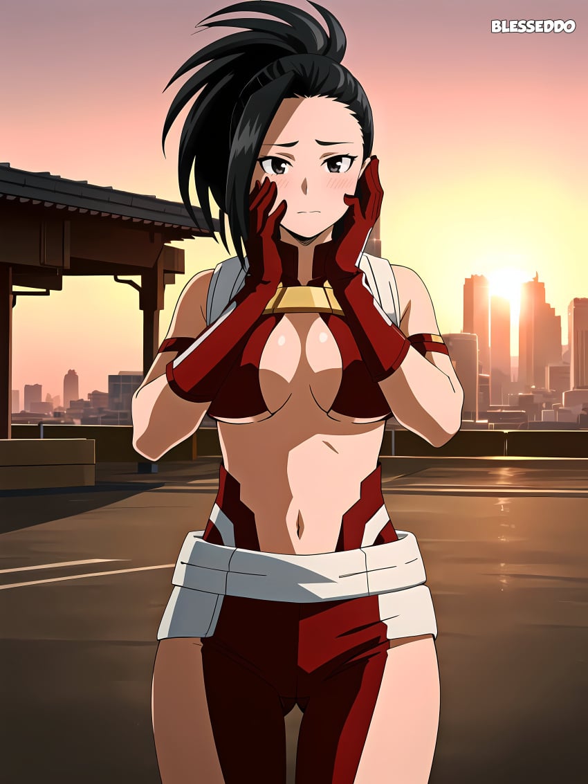 1girls ai_generated blesseddo boku_no_hero_academia cleavage long_hair looking_at_viewer momo_yaoyorozu my_hero_academia ponytail